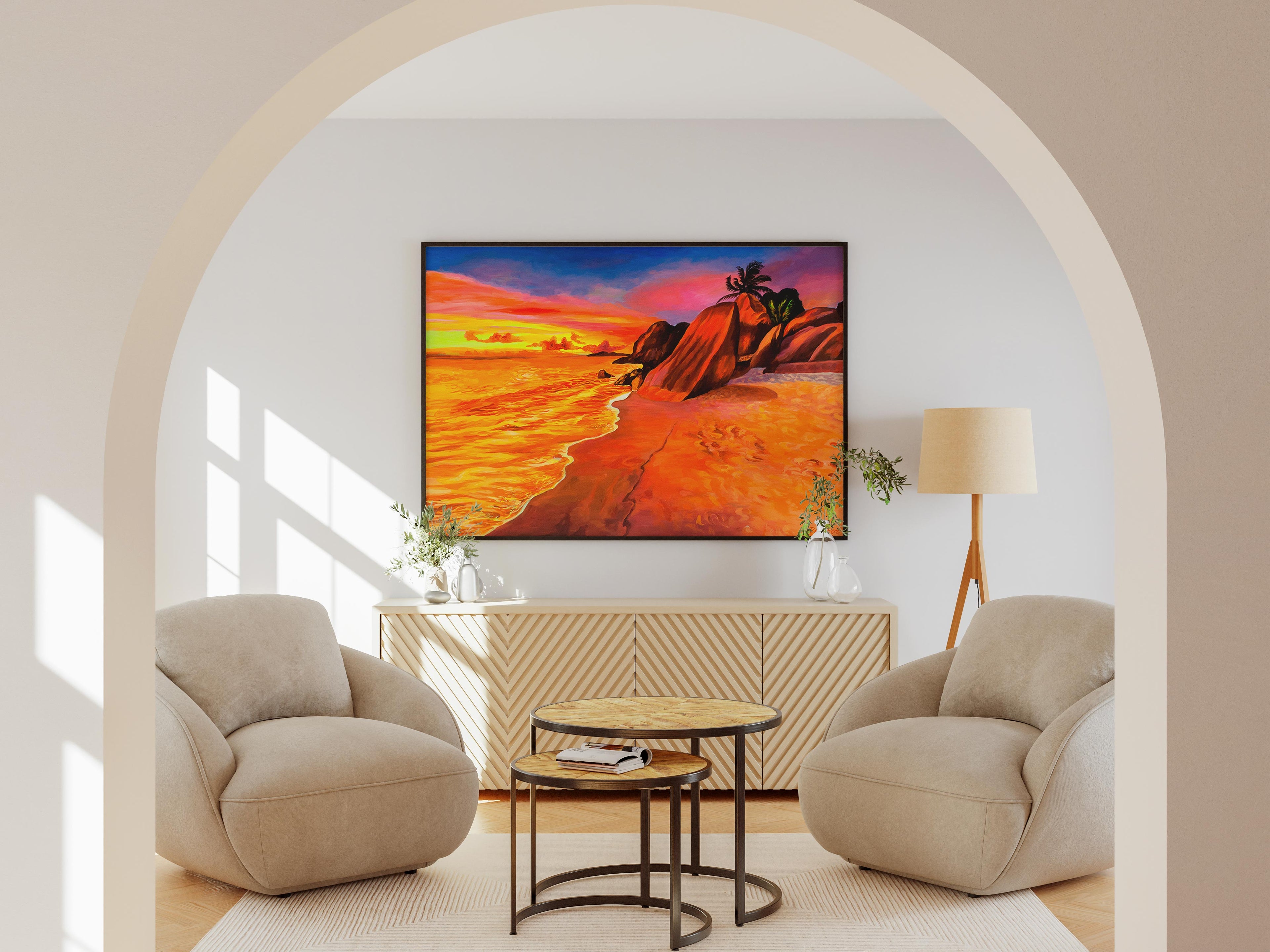 Anse source d'argent Sunset, La Digue, Original Painting – Seychelles Fine Art