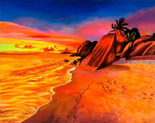 Anse source d'argent Sunset, La Digue, Original Painting – Seychelles Fine Art